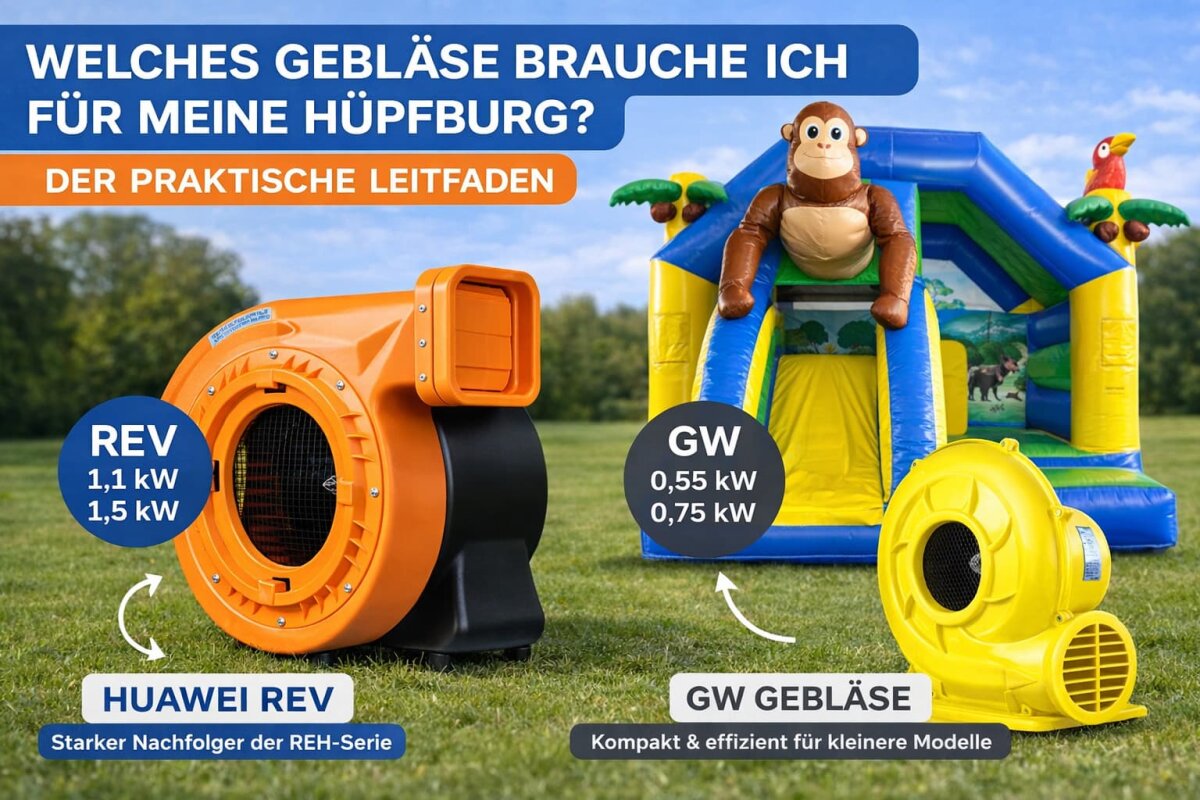 Welches Gebläse brauche ich für meine Hüpfburg? Der praktische Leitfaden - Welches Gebläse für Hüpfburgen? 1,1 kW oder 1,5 kW erklärt